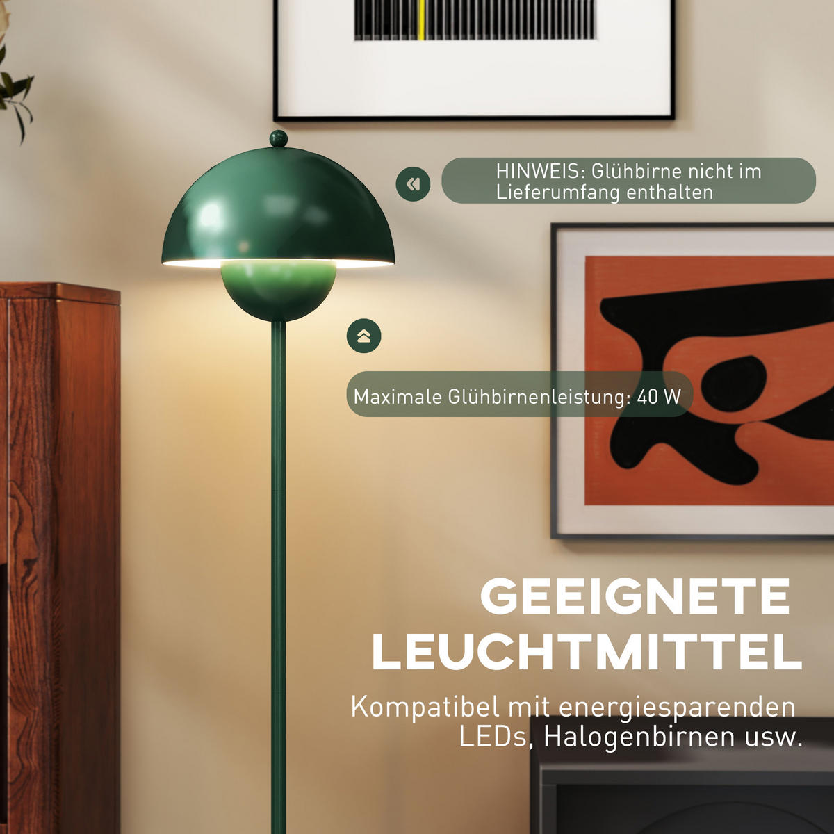 STEHLAMPE mit rundem Schirm, Fußschalter Grün - Grün, Metall (30/30/155cm) - HOMCOM