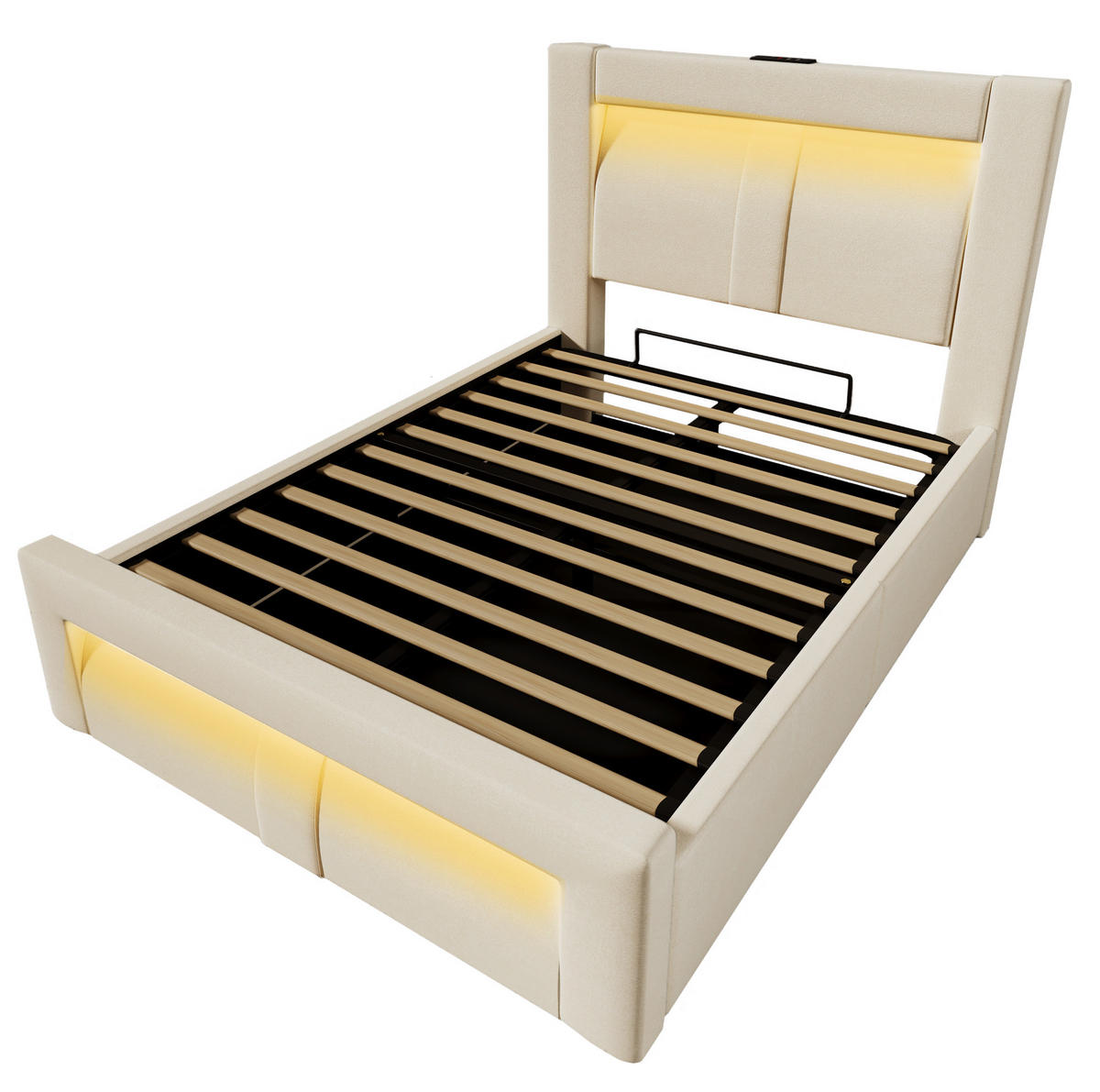 POLSTERBETT aus Samt 90x200 cm in Beige mit LED & USB-C-Ladestation - Beige, Textil (90/200cm) - Modfu