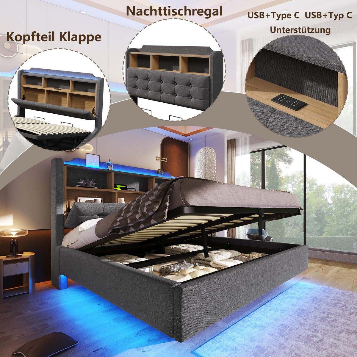 POLSTERBETT 140/200 cm Grau mit LED-Lichtleiste, Staufächer, USB- und Typ-C-Anschlüsse - Grau, Textil (140/200cm) - Oxeza