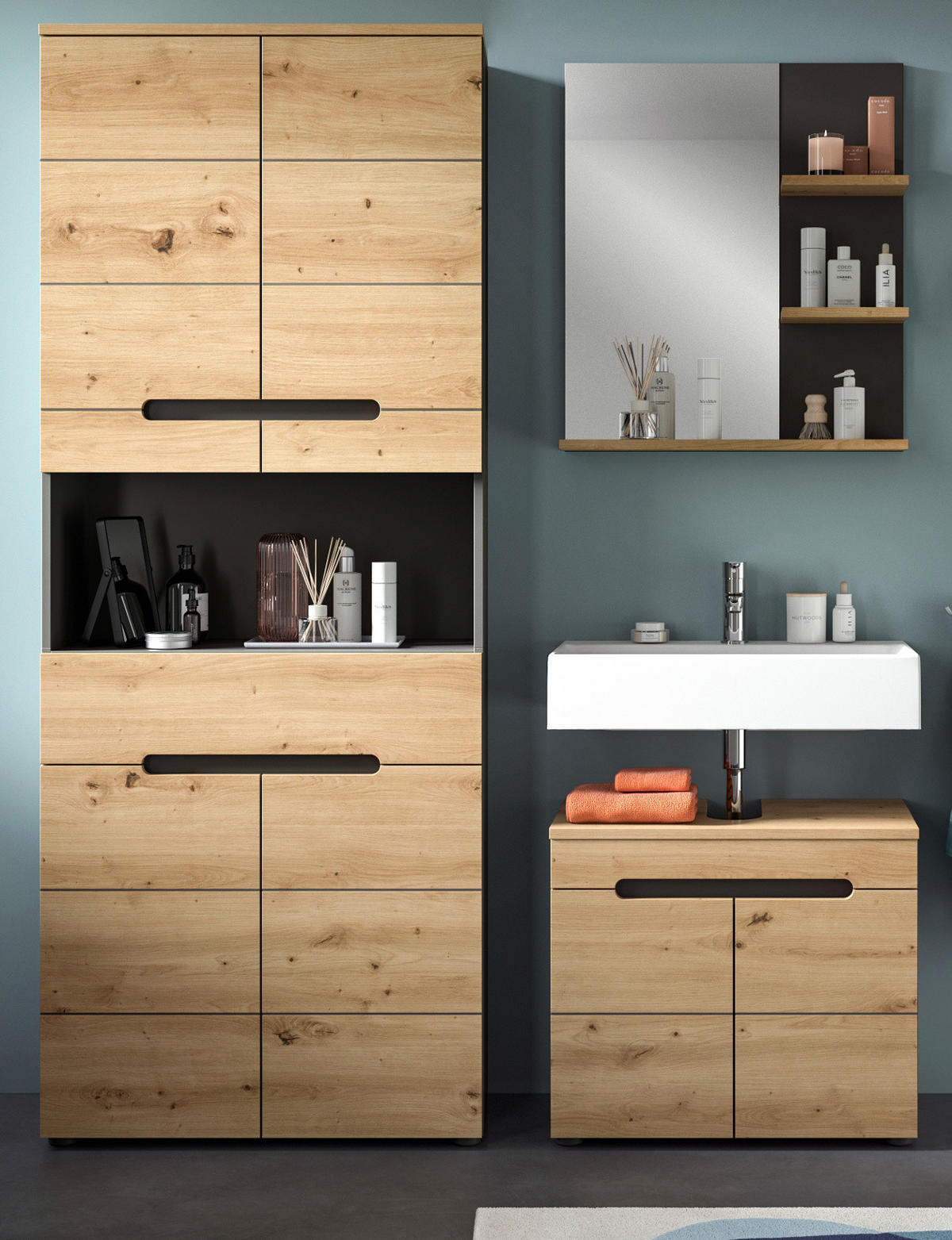 BADMÖBEL-SET Eiche, grau 3-teilig 154 cm, Komplettset mit Soft-Close - Schwarz/Eiche Artisan, Glas/Holzwerkstoff (154/193/34cm) - Inn.Furn