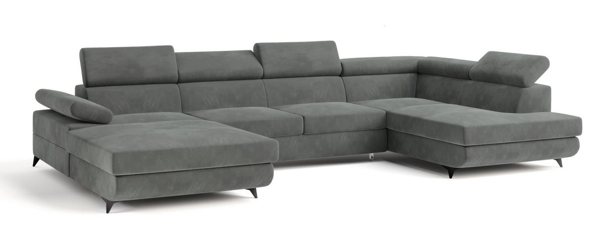 WOHNLANDSCHAFT RUBANO R-S Grau Velours-Stoff mit Schlaffunktion - Grau, Holz (339/89/190cm) - MASSENO