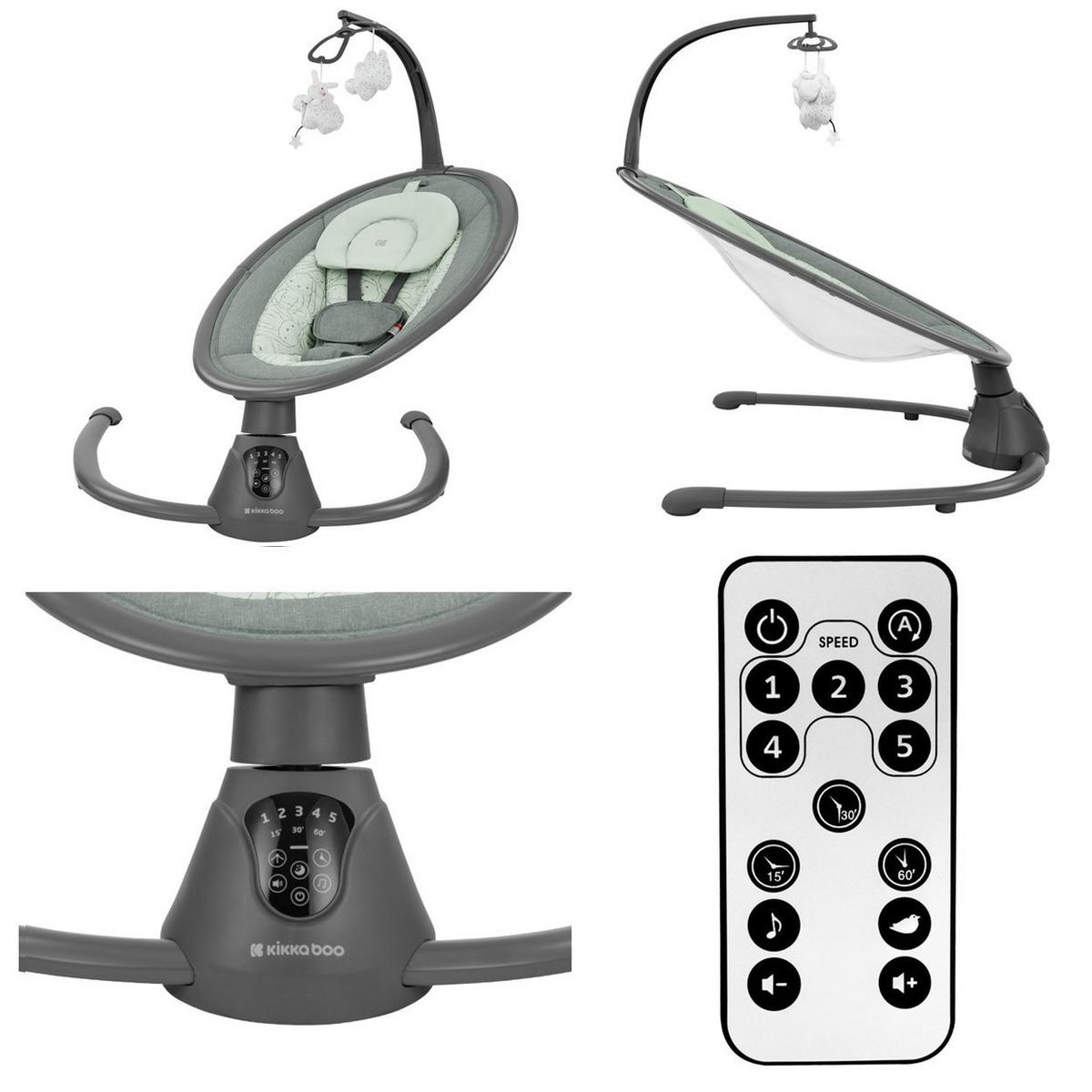 BABYWIPPE Twiddle dunkelgrün 5 Schaukelgeschwindigkeiten, Fernbedienung, Timer, 5-Punkt-Gurt - Grün, Metall - Kikka boo