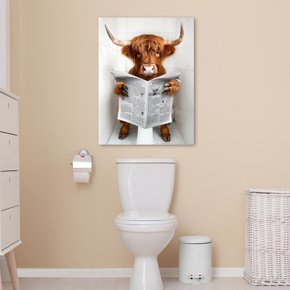 LEINWANDBILD Schottischer Highlander - Tier - Zeitung - Toilette 50x70 cm - Kastanienfarben, Textil (50/70cm) - MuchoWow