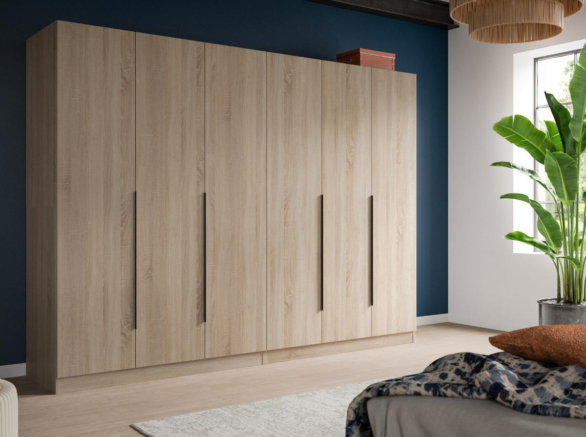 KLEIDERSCHRANK Eiche Sonoma 6-türig 240 x 181 cm, Drehtürenschrank mit Kleiderstange - Eichefarben/Schwarz, Holzwerkstoff/Kunststoff (240/181/52cm) - Inn.Furn