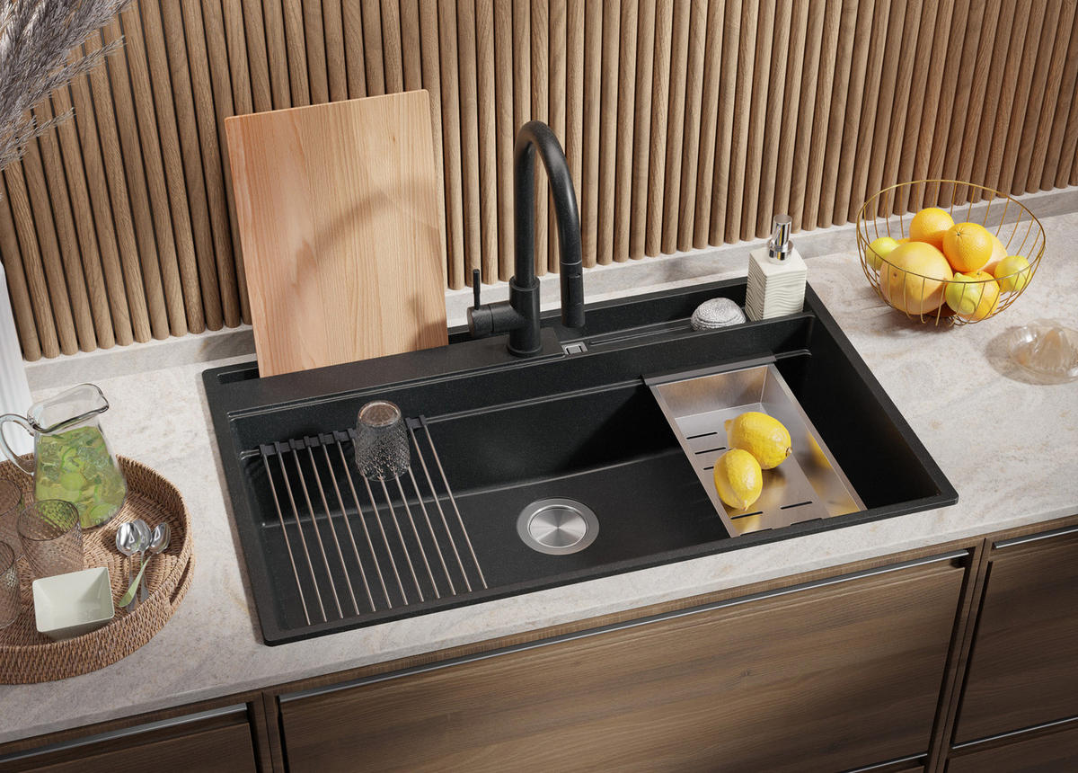 SPÜLBECKEN Oslo Pocket, 2-er set Anthrazit 88/53 cm 1 Becken + Ablauf-Set + Küchenzubehörset ab 90er Unterschrank - Chromfarben/Anthrazit, Kunststoff (88/20/53cm) - Primagran