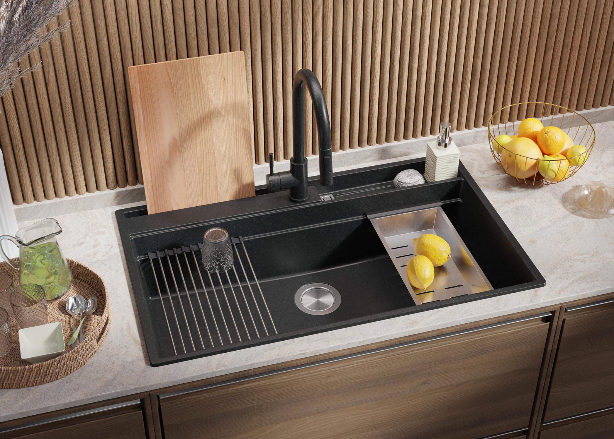 Thumbnail - Primagran Spülbecken, Anthrazit, Chrom, Chrom, Beige, Kunststoff, Rechteckig, 88x20x53 cm, Küchen, Küchenausstattung, Kü...