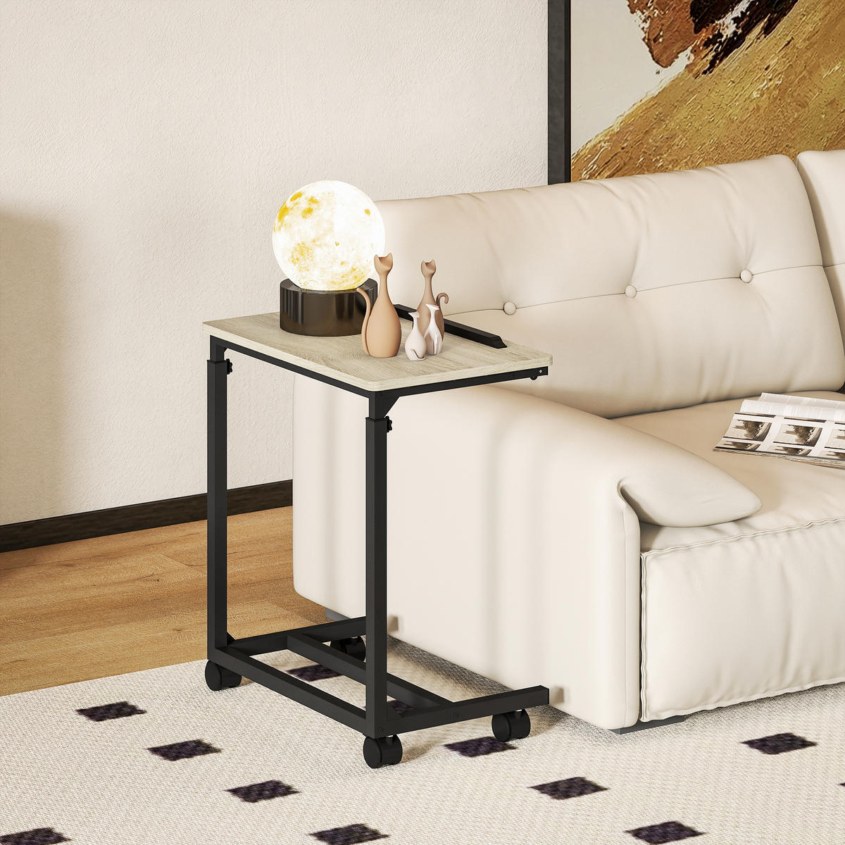 BEISTELLTISCH in C-Form, Höhenverstellbarer Couchtisch mit Rollen Weiß - Eichefarben, Metall (55/36/82.5cm) - HOMCOM