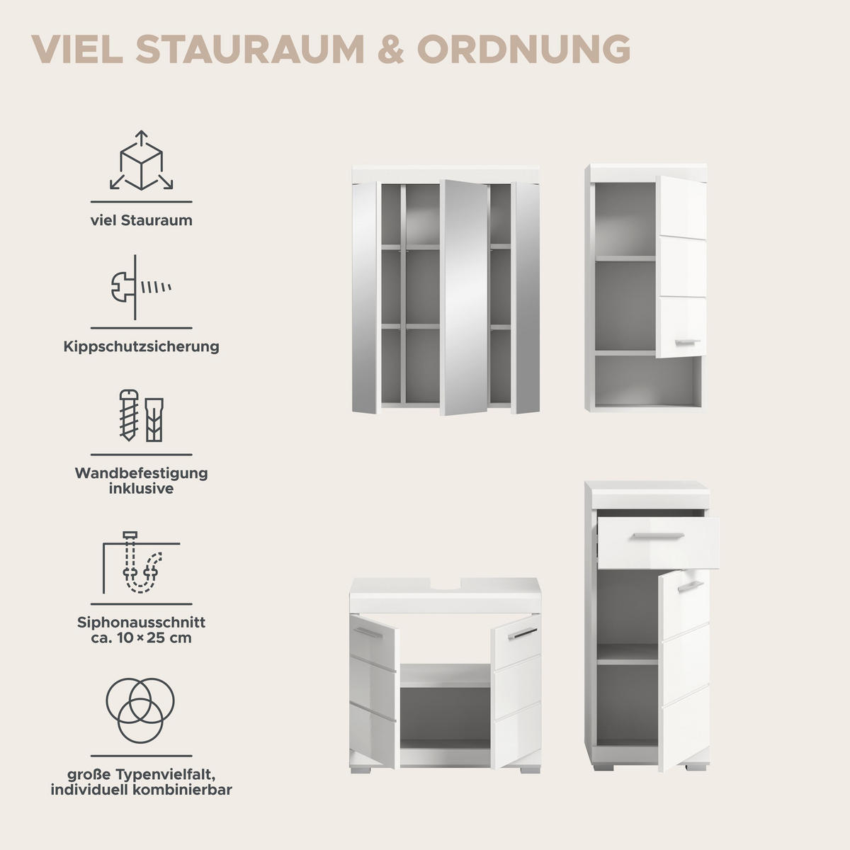 BADKOMBINATION 4tlg. Scout Bad in weiß Nachbildung und weiß hochglanz B/H/T: 112x191x34 cm - Weiß, Holz (112/191/34cm)