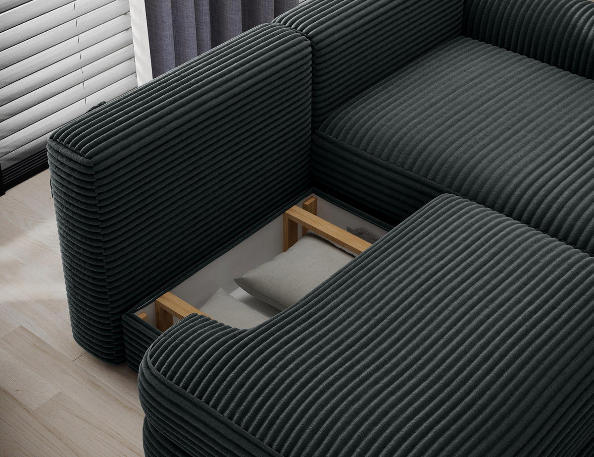 ECKSOFA RIPELI L-Form mit Schlaffunktion & Bettkasten – Modernes 3-Sitzer Sofa, Wellenfederung, 217 × 175 cm - Dunkelgrün/Schwarz, Kunststoff (175/217cm) - Wohnideebilder