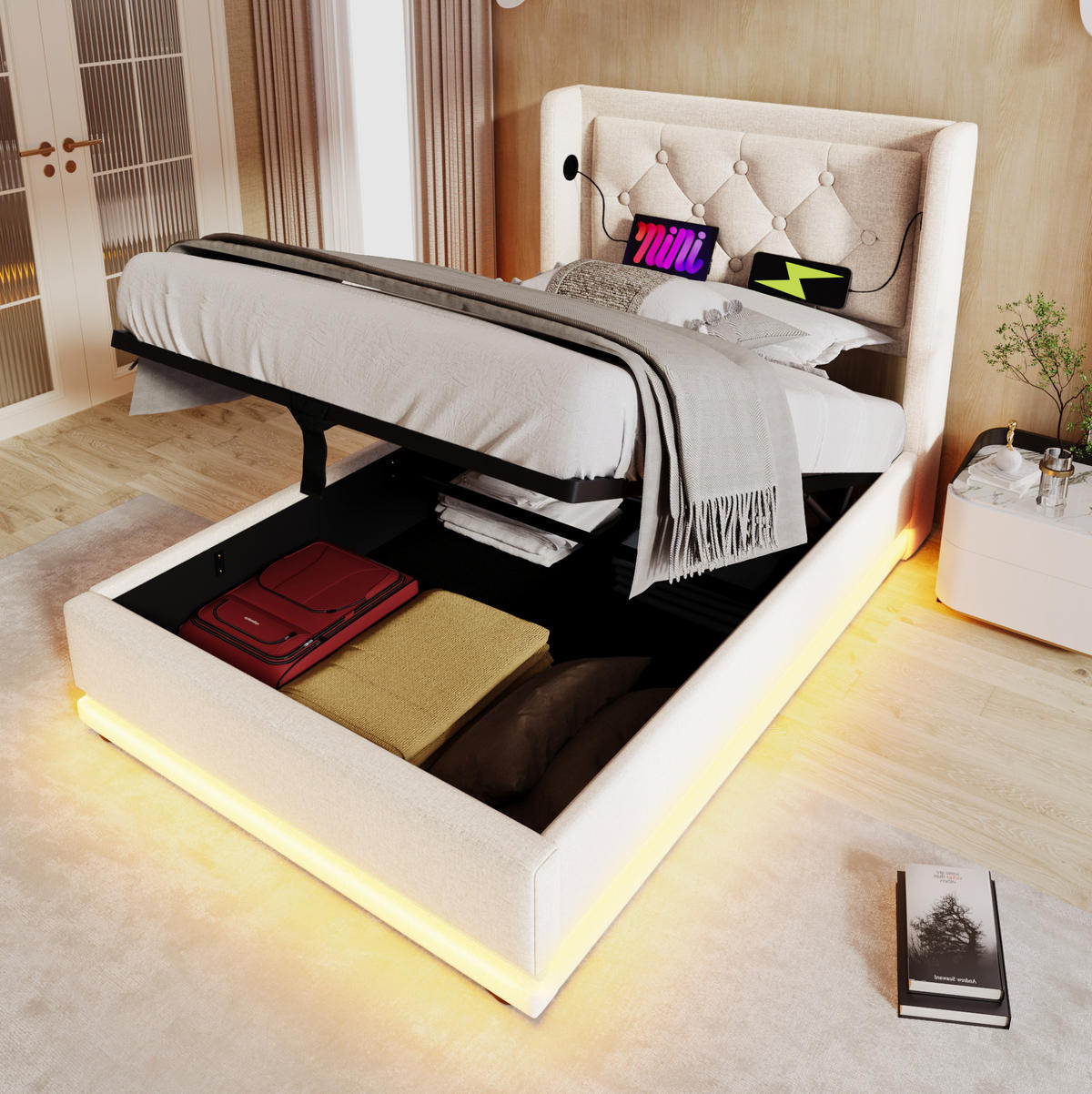 POLSTERBETT 90/200 cm Beige mit Stauraum, LED-Beleuchtung und USB-/Type-C-Anschlüssen - Beige, Textil (90/200cm) - Flora Grace