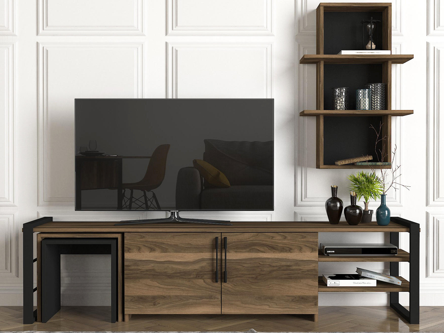 WOHNWAND Epica Metallfüße Walnuss Schwarz mit 2 Integrierten Beistelltischen - Walnussfarben/Schwarz, Holzwerkstoff/Metall (180/46/39cm) - moebel17