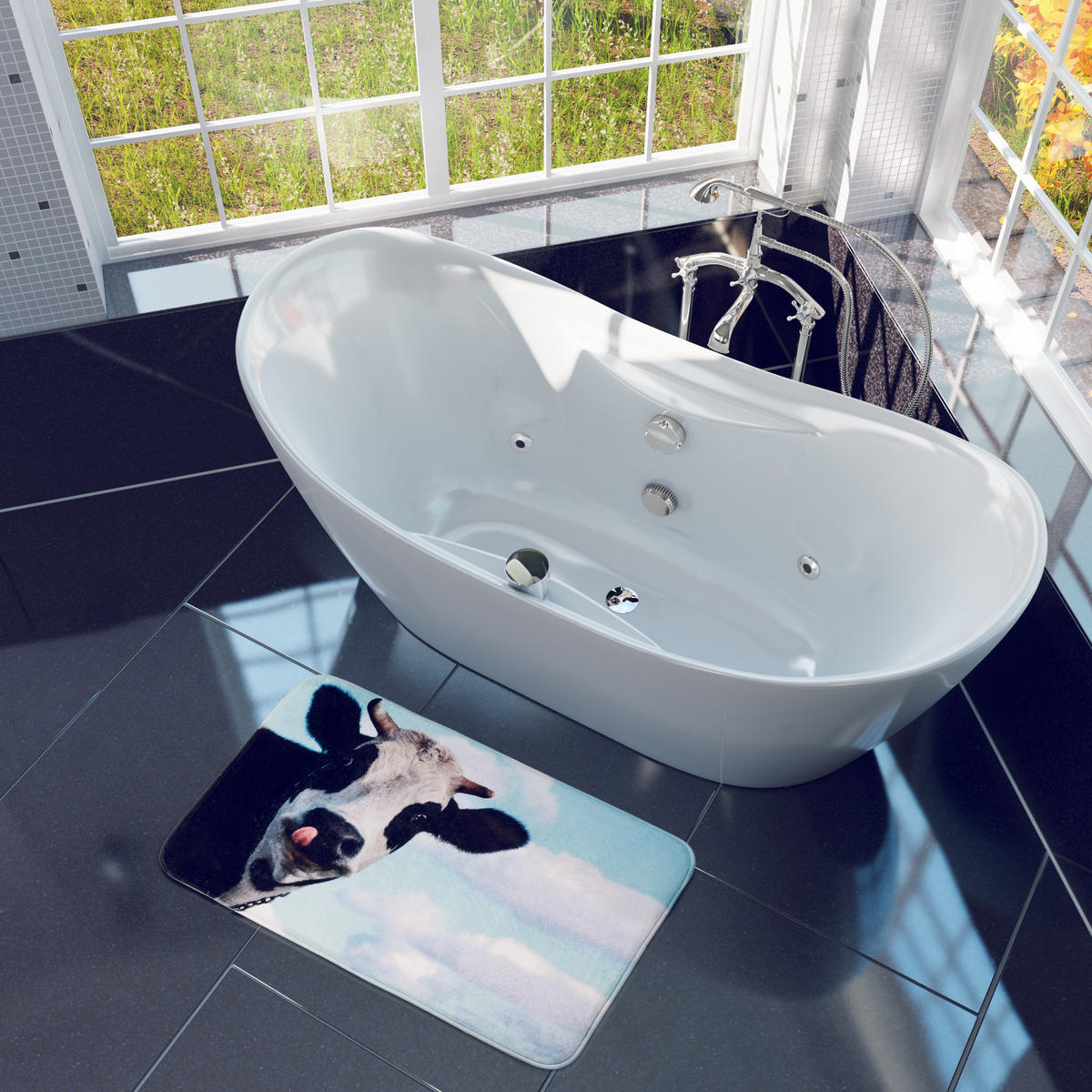 BADTEPPICH Kuh 50 x 80 cm - Schwarz, Textil (50/80cm) - Sanilo