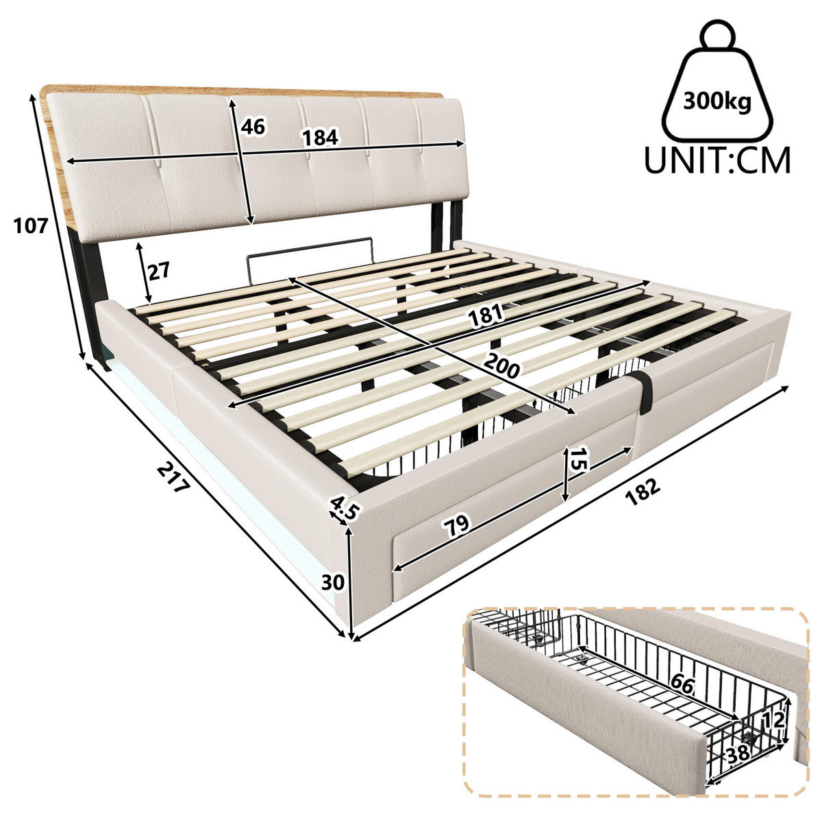 POLSTERBETT 180/200 cm Beige mit USB-, Typ-C-Anschluss, LED und hydraulischem Stauraum aus Leinen - Beige, Textil (180/200cm) - OKMYHOME