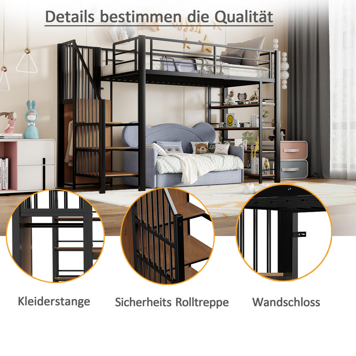HOCHBETT 90/200 cm in Schwarz – mit Stauraum, Kleiderschrank und hohem Rausfallschutz - Schwarz, Metall (90/200cm) - BEAOK