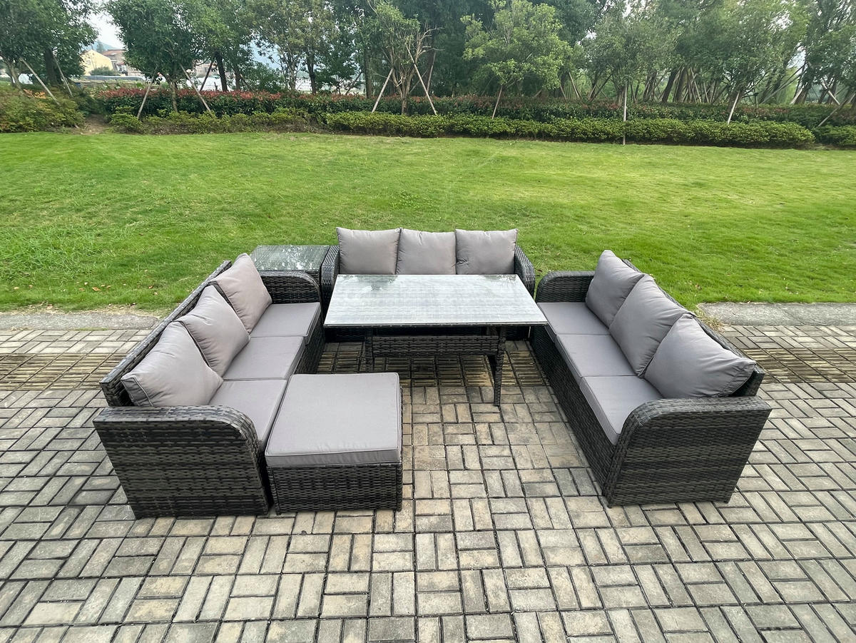 GARTENTISCHGRUPPE mit Beistelltisch,Hocker Polyrattan Dunkelgrau 10-Sitzer - Dunkelgrau/Grau, Glas/Kunststoff - Fimous