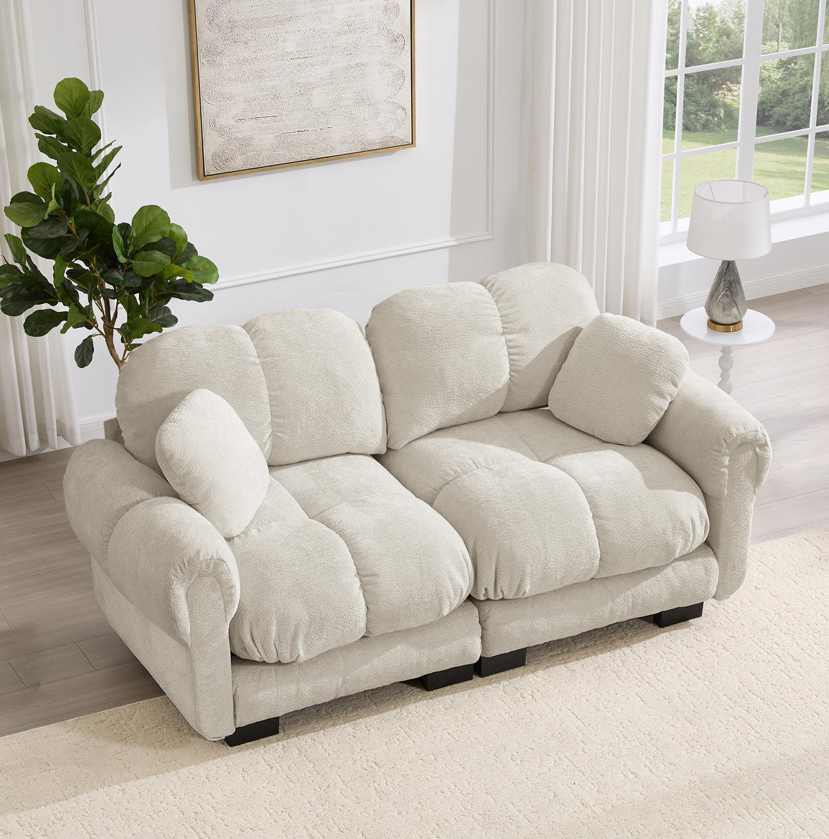 SOFA 190/86/90 cm in Hellkhaki aus Chenille mit Steppnähten - Sandfarben, Textil (86/90/190cm) - Flora Grace
