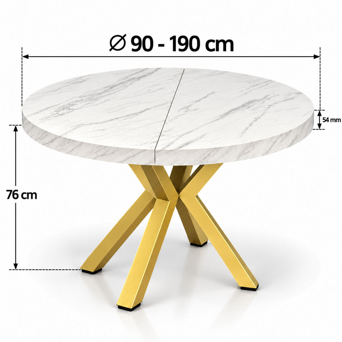 ESSTISCH rund ausziehbar 90/190/76 cm, Marmor, 54 cm Tischplatte + X Metallbeine Gold - Goldfarben/Hellgrau, Holzwerkstoff/Metall (90/190/76cm) - Damale Möbel