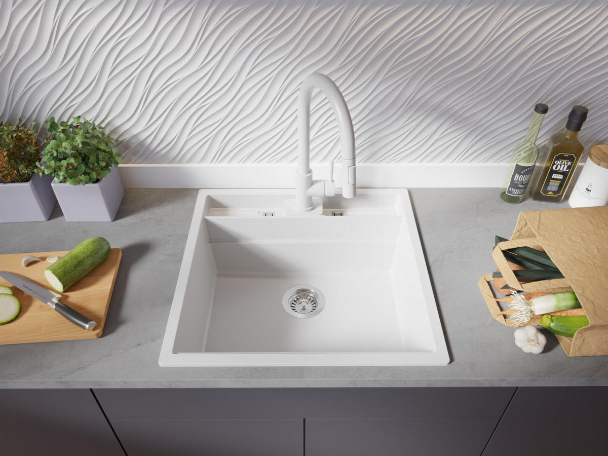 SPÜLBECKEN Bergen Pocket, 2-er set Weiß 56/54 cm 1 Becken + Ablauf-Set + Küchenzubehörset ab 60er Unterschrank - Chromfarben/Beige, Kunststoff (56/20/54cm) - Primagran