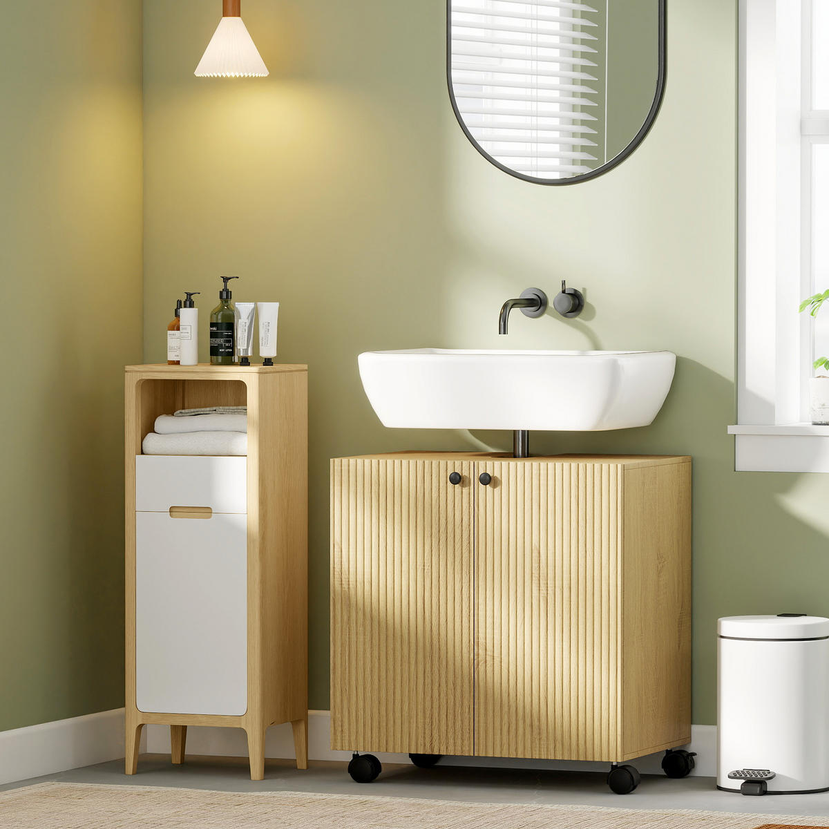 WASCHBECKENUNTERSCHRANK Unterschrank mit Rolle Soft-Close Türen Ablage - Eichefarben, Holzwerkstoff (39.8/62/60cm) - HOMCOM