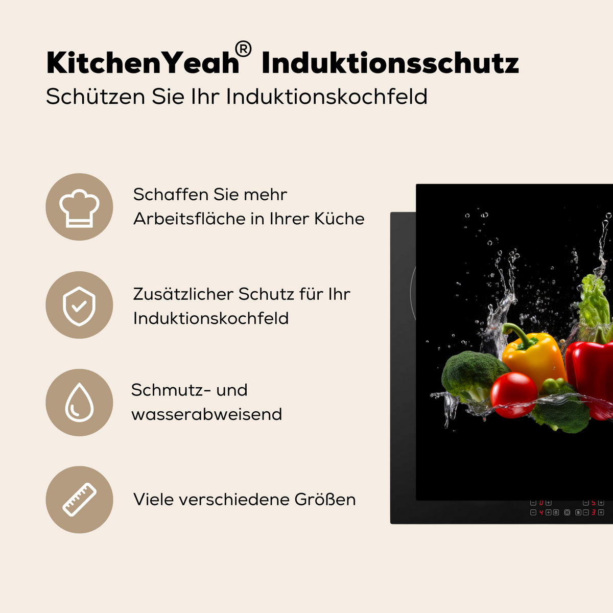 HERDABDECKPLATTE Paprika - Wasser - Gemüse - Schwarz Induktionsmatte 77x51 cm - Multicolor, Kunststoff (77/51/0.2cm) - MuchoWow