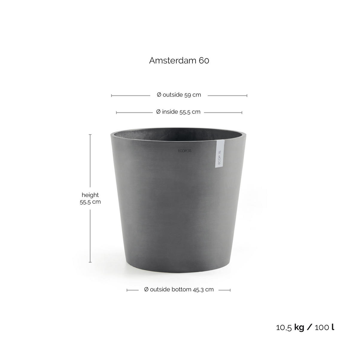 BLUMENTOPF Amsterdam 59/55,5 cm Grau - Grau, Kunststoff (59/55.5cm) - Ecopots
