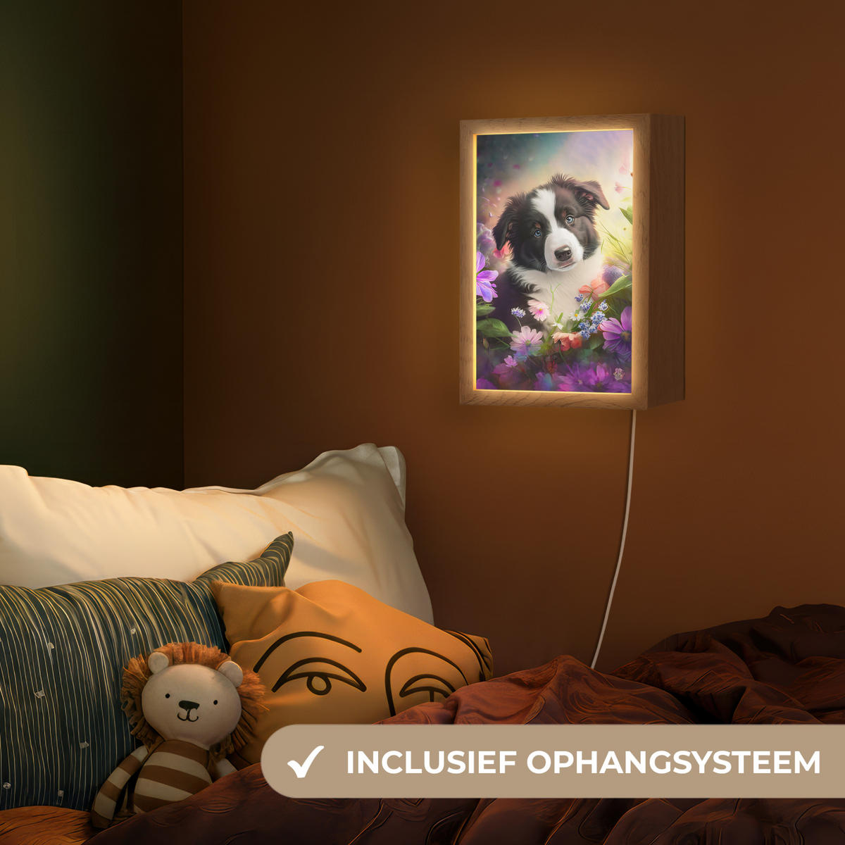 NOČNÁ LAMPA Šteniatko - Slnko - Kvety - Príroda - Border kólia - Pes 20x30 cm - fialová, kompozitné drevo (8/20/30cm) - OnlyWow