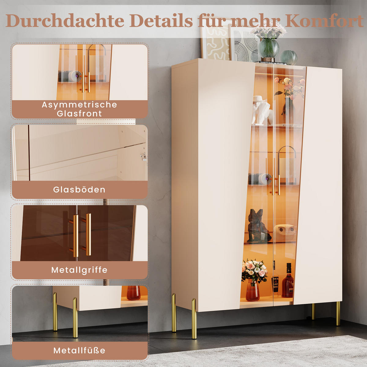 VITRINE 72x40x145 cm mit LED und Glastür - Beige, Holzwerkstoff (72/145/40cm) - FLIEKS
