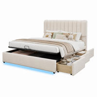 POLSTERBETT 140/200 mit hydraulischem Bettkasten, 3 Schubladen und LED-Lichtleiste in Beige - Beige, Holzwerkstoff/Textil - EVRYAE