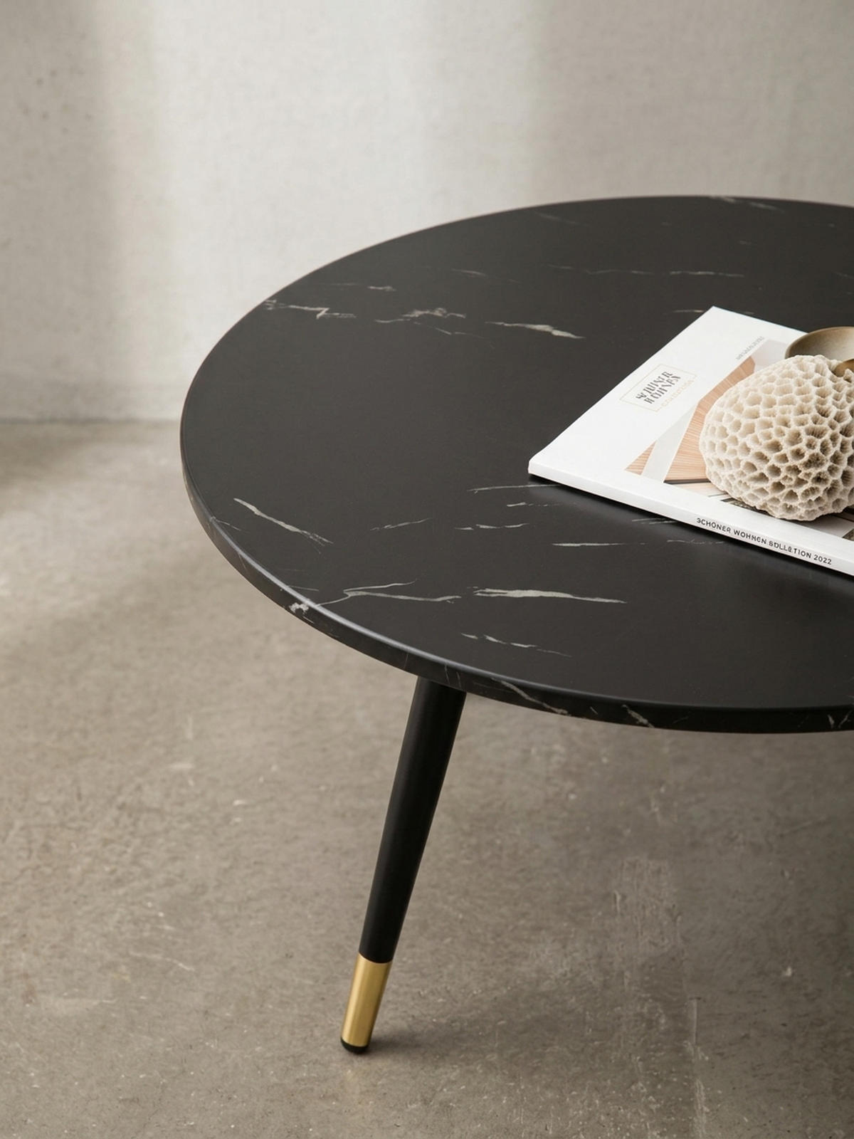 COUCHTISCH mit Marmor Optik, Modernes Design, Metall-Gestell, Runde Form, Schwarz 60x60x41 cm - Goldfarben/Schwarz, Holzwerkstoff/Metall (60/60/41cm) - KADIMA DESIGN