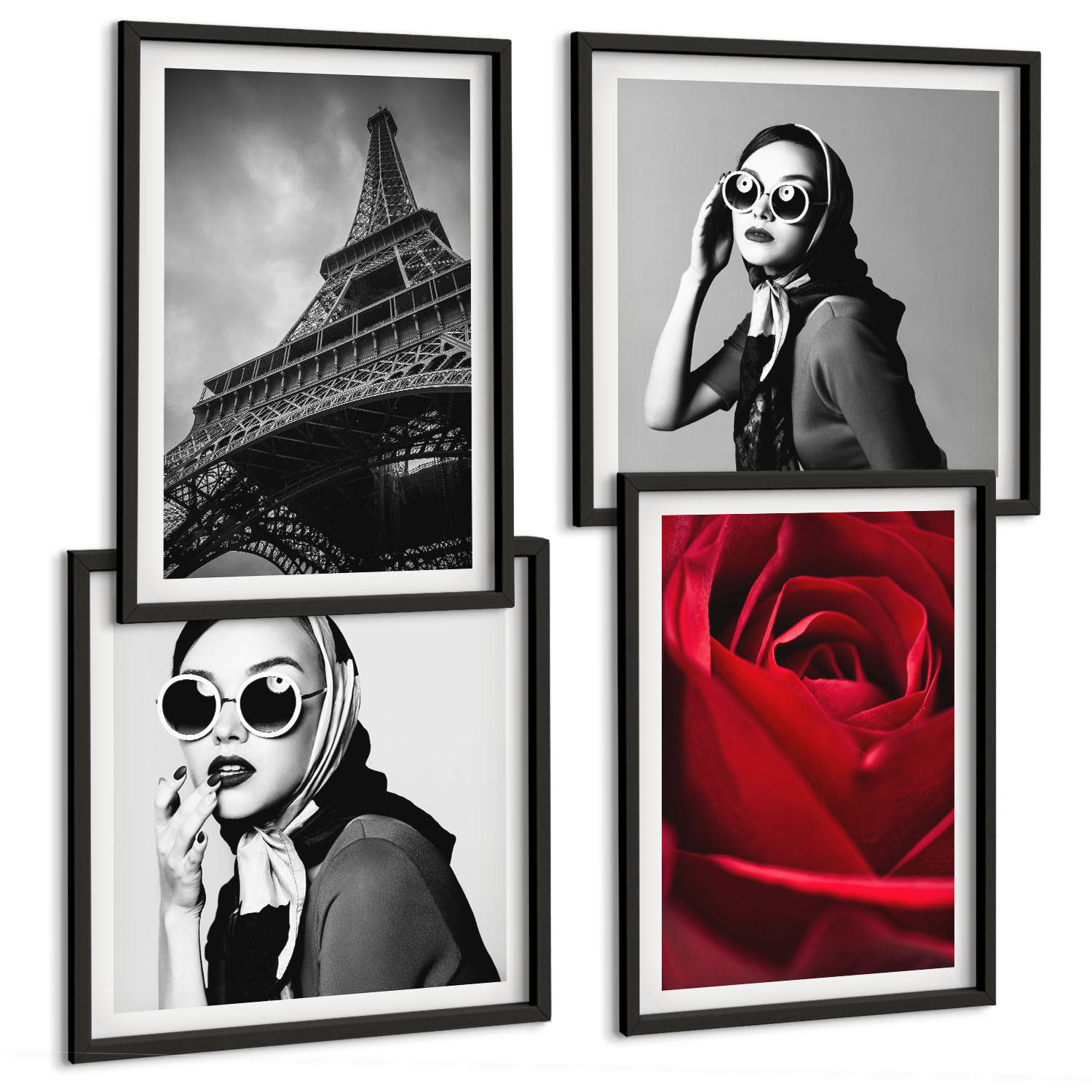 BILDER SET 4er Set - 50x50 cm & 40x60 cm Schwarzer Rahmen - Pariserin mit Eiffelturmbrille - Schwarz, Kunststoff (50/50cm) - TULUP