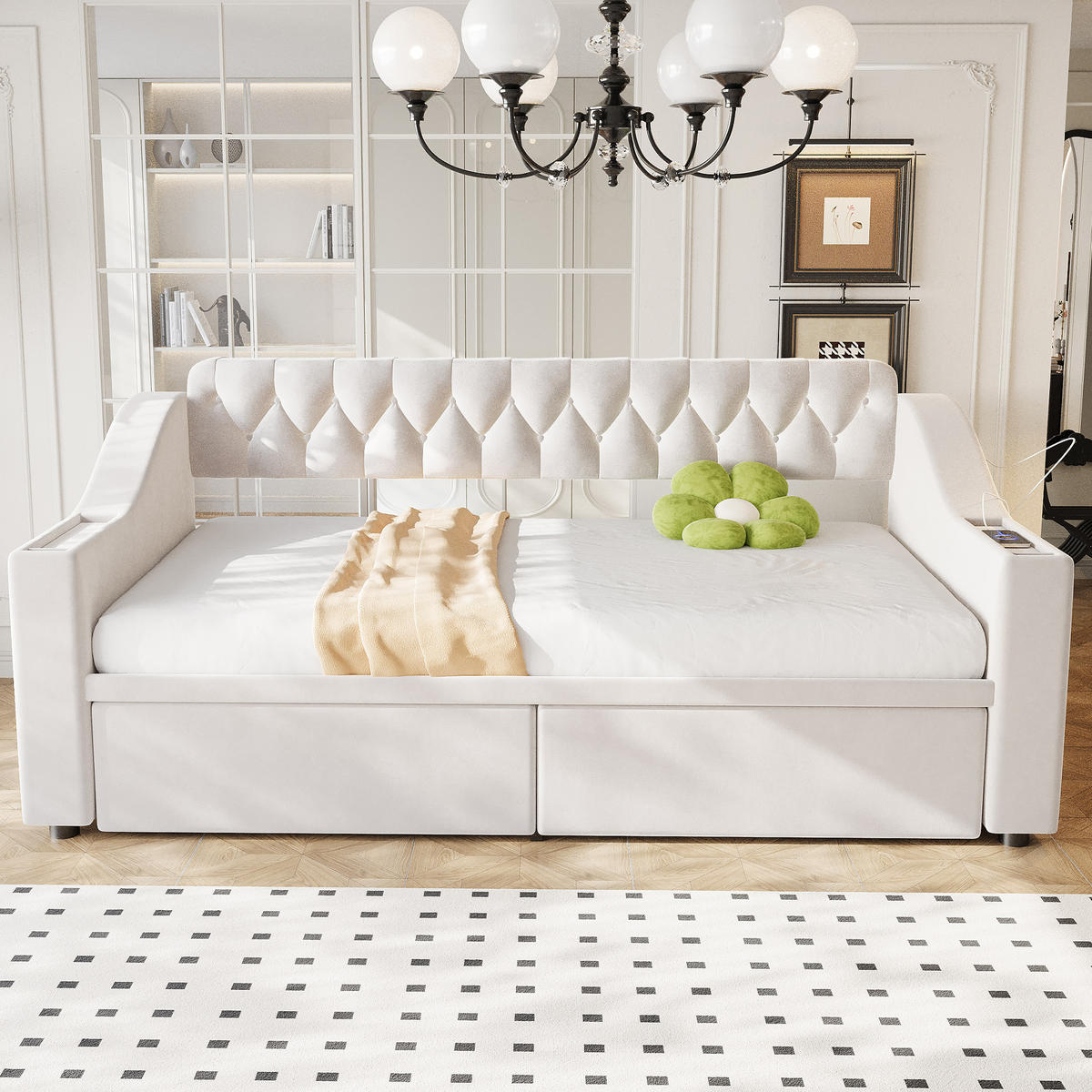 POLSTERBETT 90/190 cm Beige mit Stauraum und mit USB- und Type-C-Anschlüssen aus Samt - Beige, Textil (90/190cm) - OKWISH