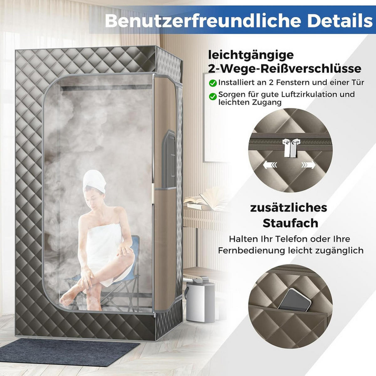 DAMPFSAUNA Tragbare grau - Grau, Textil (91/183/91cm) - COSTWAY