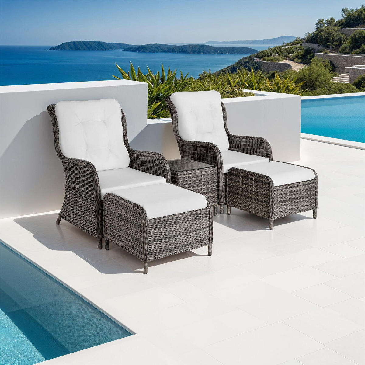 ALUMINIUM RATTAN SITZGRUPPE Benissa, mit Sicherheitsglasplatte, grau - Weiß/Grau, Kunststoff - tectake