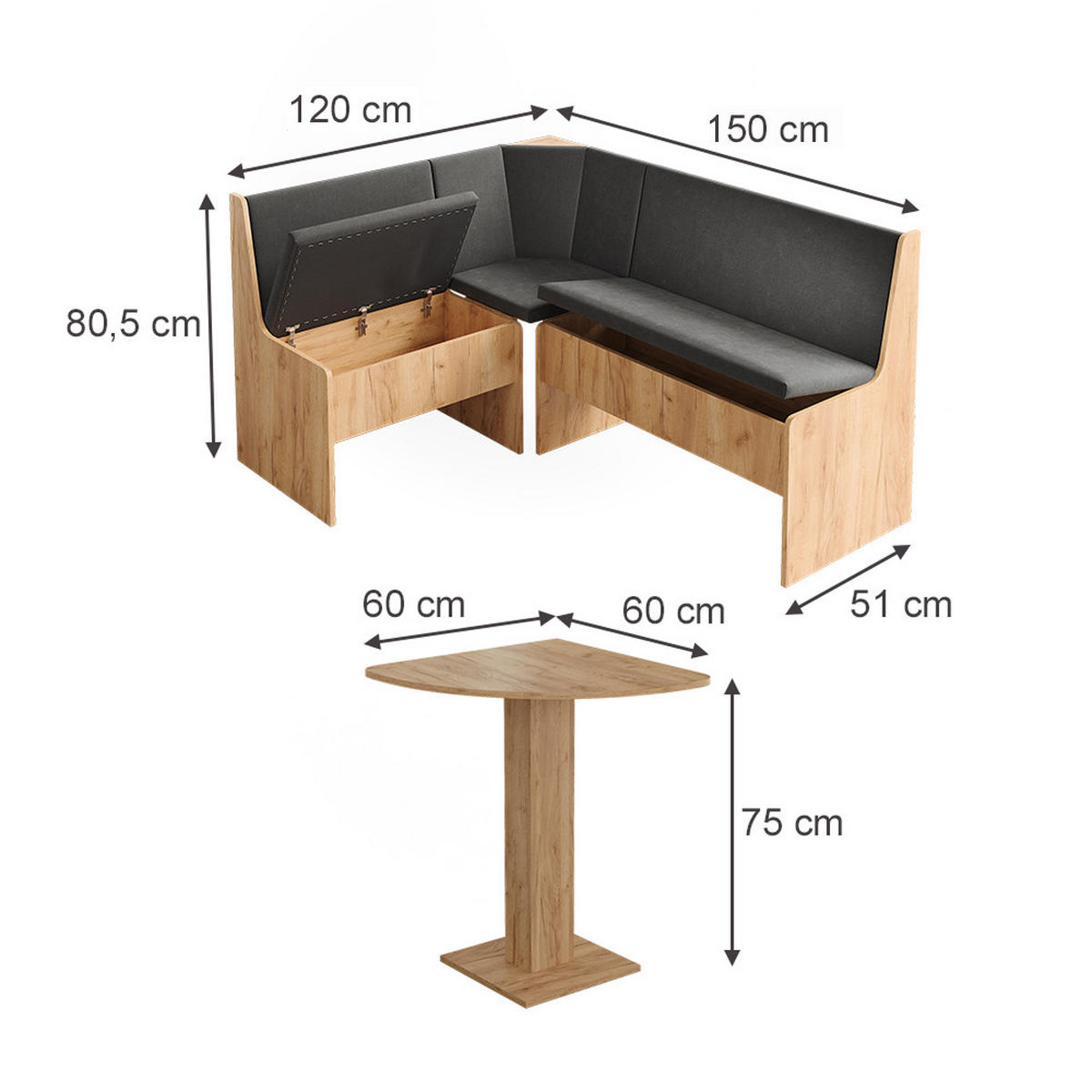 ECKBANKGRUPPE Ramon, Goldkraft Eiche, 137.6 x 92.8 cm mit ecktisch - Honigeiche, Holzwerkstoff (60/75/60cm) - Vicco