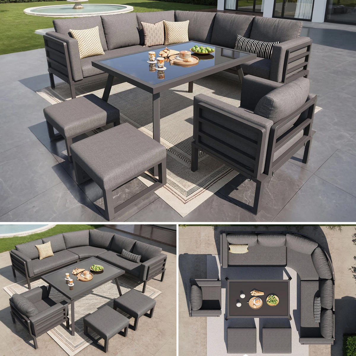 GARTENLOUNGE-SET mit Stahlrahmen & Glastisch, 3 Sofas, Sessel, 2 Hocker, 114/60/77 cm, Grau - Grau, Metall - Redom