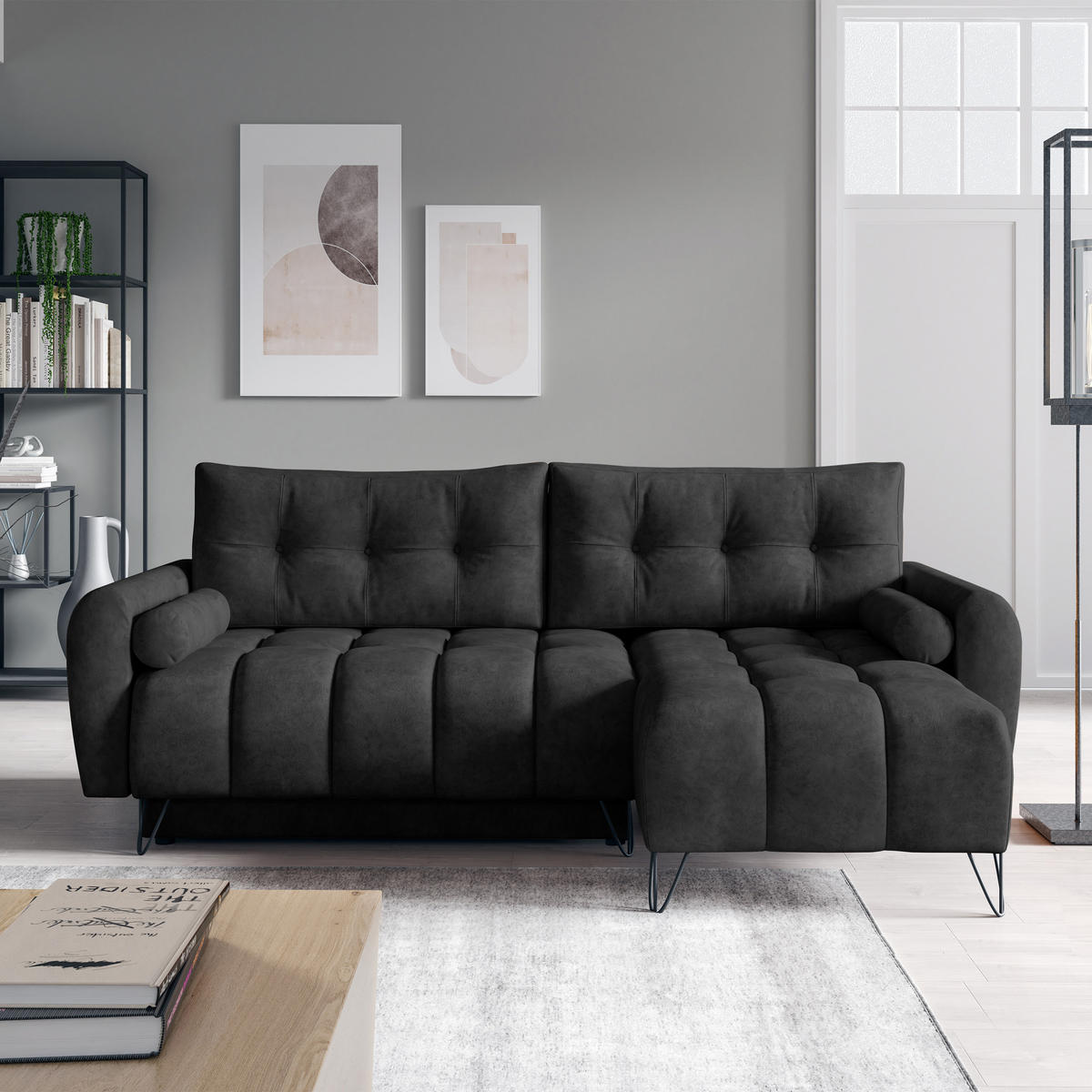 ECKSCHLAFSOFA Malaga Mini universeller Ottomane, Schwarz - Schwarz, Textil (222/148cm) - Beautysofa