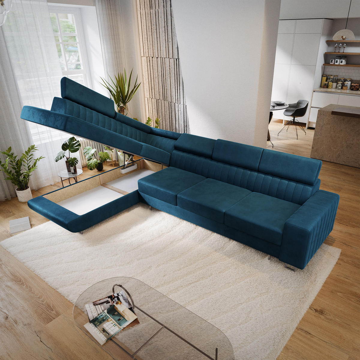 ECKSOFA HESTION Blau Velours-Stoff mit Schlaffunktion - Blau, Holz (332/190cm) - MASSENO