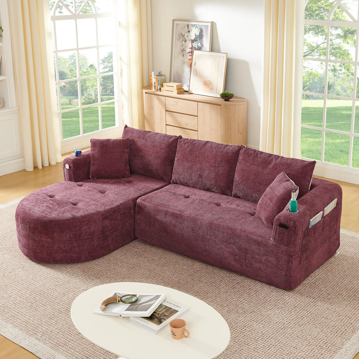 ECKSOFA 255/171/64 cm Bordeauxrot Leinen mit 2 Getränkehalter - Rot, Textil (255/171cm) - Oxeza