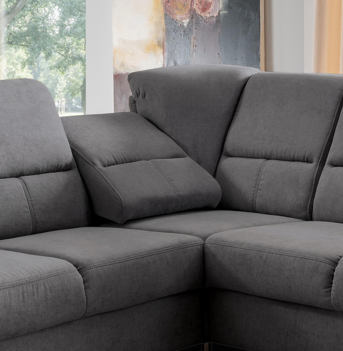 ECKSOFA mit gleichschenkligen Seitenlängen, Federkern - Chromfarben/Dunkelgrau, Textil/Metall (221/221cm) - myHomelando