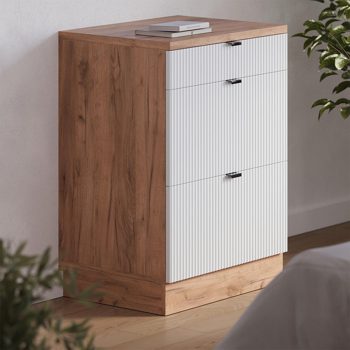 KUHINJSKA OMARA ZA POŠEVNE STREHE R-Line, Belo valovanje, 60 cm brez naklona z 3 predaloma - bela/medeni hrast, leseni material (60/83.8/46cm) - Vicco