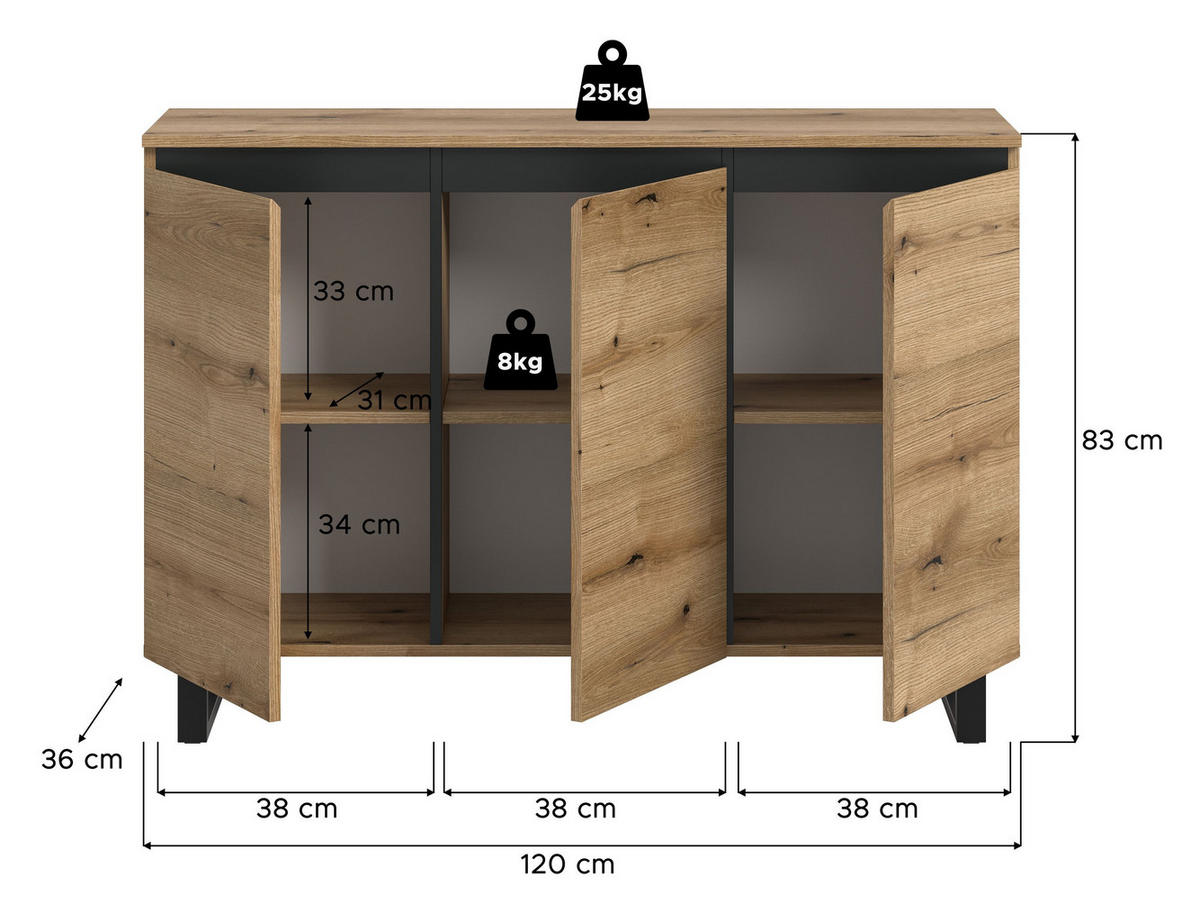 SIDEBOARD Estela (B/H/T: ca. 120/84/36 cm) in Evoke Oak Nachbildung/Evoke Oak Nachbildung - Eichefarben, Holzwerkstoff (120/84/36cm)