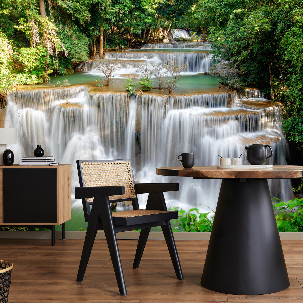 FOTOTAPETE für Esszimmer Panorama Waldwasserfall Bäume Pflanzen Natur 300x210 - Beige/Braun, Papier (300/210cm) - Muralo