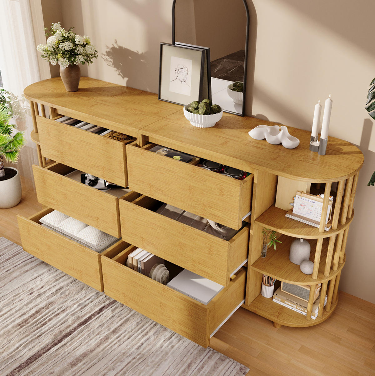 SIDEBOARD aus MDF und Bambus 40x160x75 cm Eiche mit 6 Schubladen und offenen Regalen - Naturfarben, Holzwerkstoff (160/75/40cm) - IVMEU