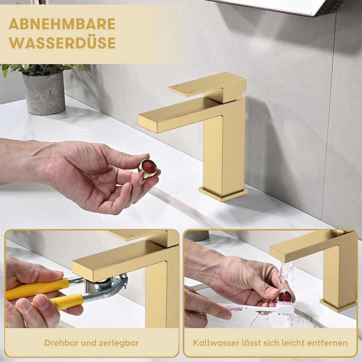WASCHTISCHARMATUR Gold gebürstet Keramikkern - Goldfarben, Metall (5/11.9/16.2cm)