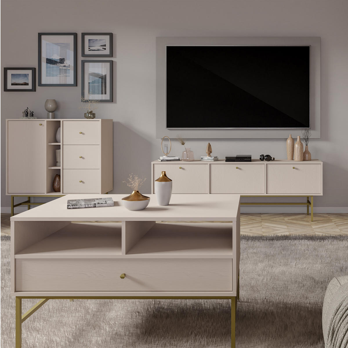 KAFFEETISCH FLOREN, Creme/Gold - Creme, Holzwerkstoff/Metall (65/100.2/62.5cm) - KONSIMO®