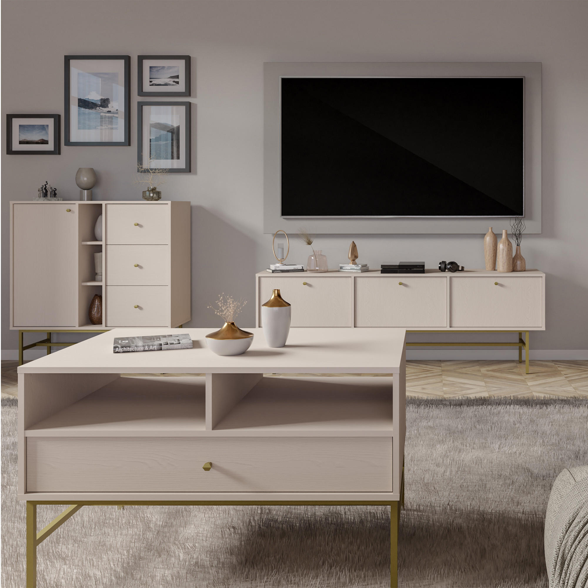 Thumbnail - Konsimo® Kaffeetisch, Creme, Holzwerkstoff, Metall, 1 Schubladen, 100.2x62.5x65 cm, Wohnzimmer, Wohnzimmertische, Coucht...