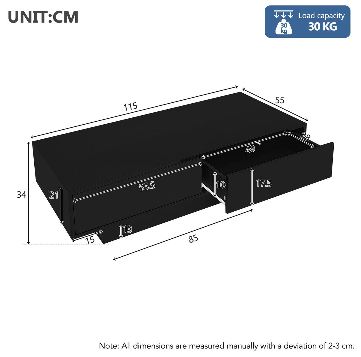 COUCHTISCH 115/55/34 cm in Schwarz Hochglanz mit 2 Schubladen und LED-Beleuchtung - Schwarz, Holzwerkstoff (115/55/34cm) - Flora Grace