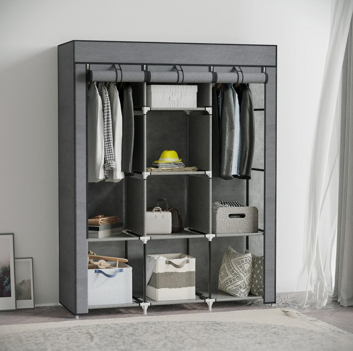 KLEIDERSCHRANK aus Vliesstoff 125x43x162,5 cm Dunkelgrau mit 2 Kleiderstangen und 8 Ablagen, staubgeschützt - Dunkelgrau, Textil (125/162.5/43cm) - Modfu