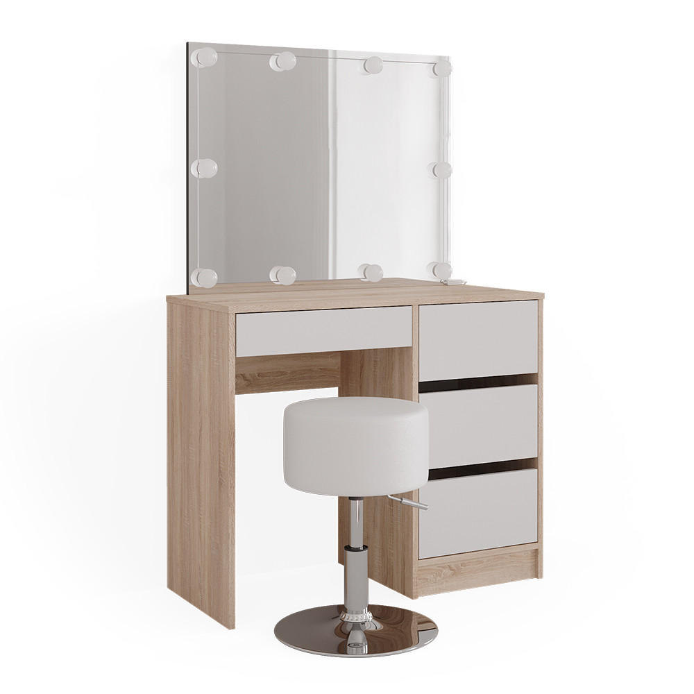 SCHMINKTISCH Sherry Sonoma 90 cm mit LED Beleuchtung und Hocker - Weiß/Sonoma Eiche, Holzwerkstoff (90/75/40cm) - Vicco