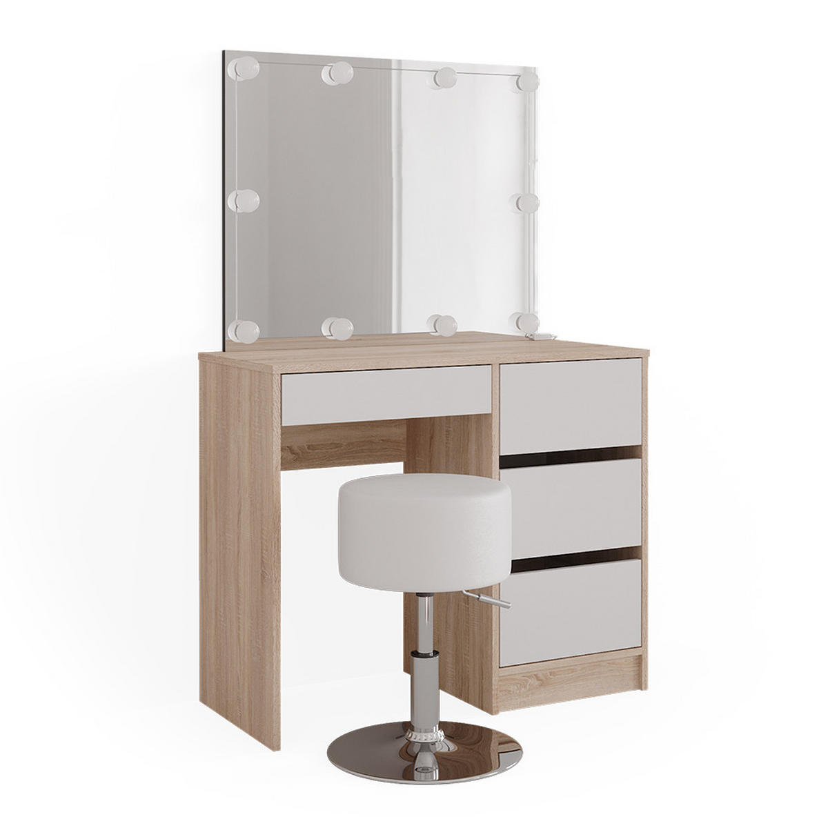 SCHMINKTISCH Sherry Sonoma 90 cm mit LED Beleuchtung und Hocker - Weiß/Sonoma Eiche, Holzwerkstoff (90/75/40cm) - Vicco